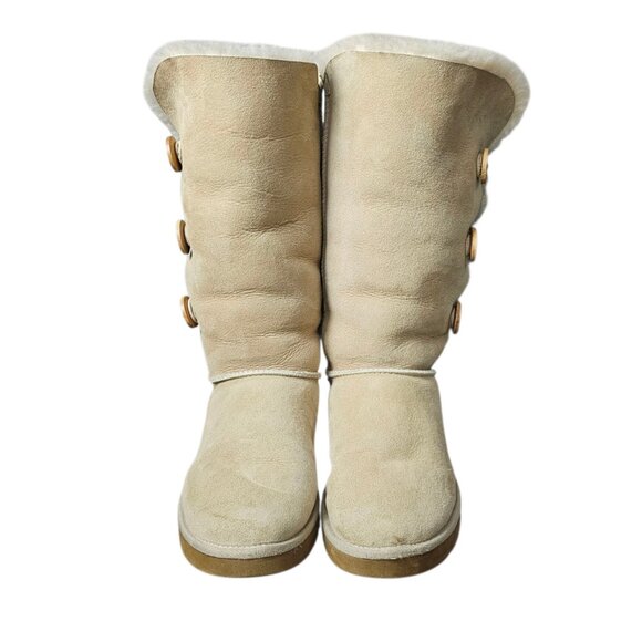 UGG Bailey Button Triplet II Tall Sheepskin Shearling Suede Wool Sand Boots - Picture 5 of 16